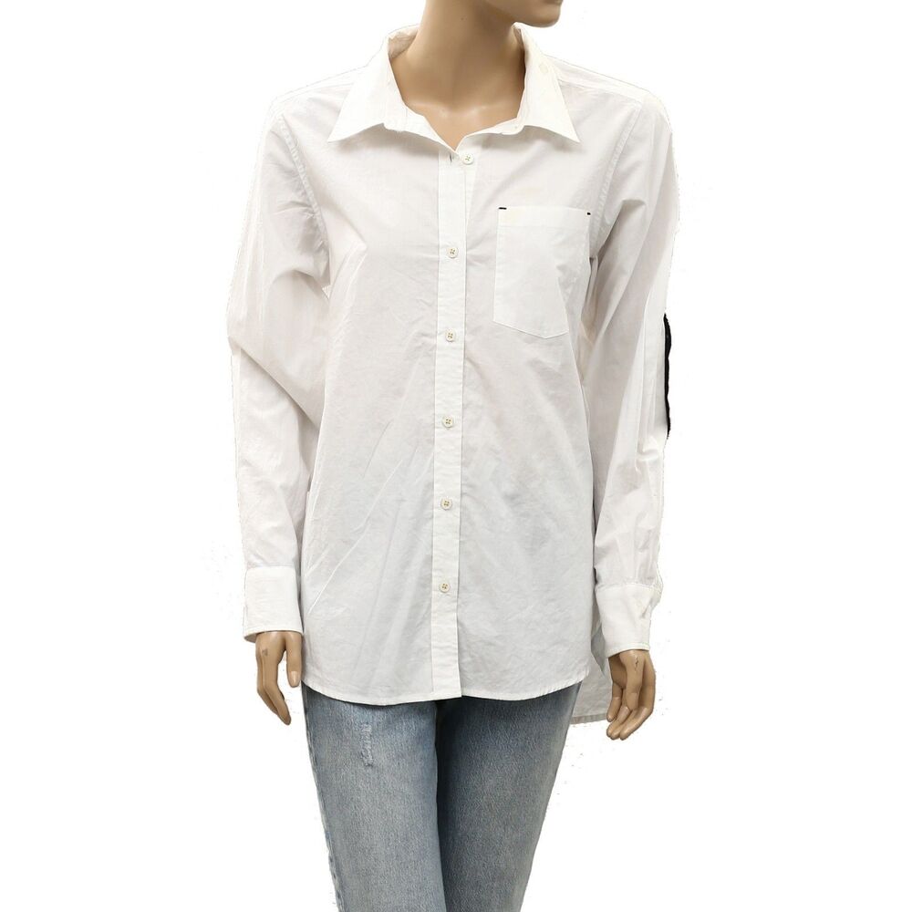 Kerri Rosenthal Shirt Buttondown Tunic Top Long Sleeves Patchwork White S 288590
